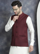 Men's Solid Nehru Jacket with White Kurta & Churidar ( JOKPWC 592W 4046Maroon )