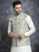 Men's Embroidred Nehru Jacket With Solid Kurta Pyjama ( JOKPWC 592W 4092Pista )