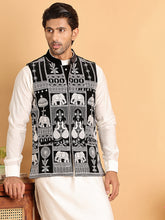 Men's Embroidered & Velvet Nehru Jacket With Solid Kurta Pyjama ( JOKPWC 592W 4119Black )