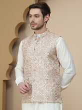 Embossed Nehru Jacket with Solid Kurta Set for Men ( JOKPWC 592W 4134 Coral )