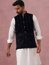 Designer Embroidered Velvet Nehru Jacket with Kurta Pyjama ( JOKPWC 592W 4146 W 4146Navy )