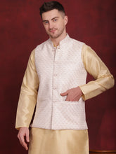 White Woven Design Nehru Jacket With Kurta Pyjama Set ( JOKPWC 636G 4091White )