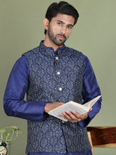 Men's Printed Nehru Jacket With Kurta Pyjama Set ( JOKPWC 636N 4084Navy )