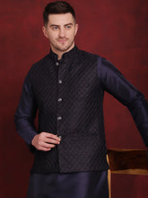 Navy Blue Woven Design Nehru Jacket With Kurta Pyjama Set ( JOKPWC 636N 4091Navy )