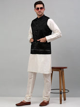 Men's Embroidered Nehru Jacket With Solid Kurta Pyjama Set-4077Black