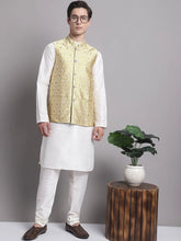 Men's Golden Woven Styled Design Nehru Jacket With Solid Kurta Pyjama.