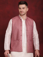 Coral Woven Design Nehru Jacket With Kurta Pyjama Set ( JOKPWC 636W 4091Coral )