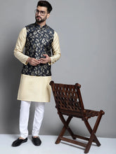Men's Beige Embroidered Kurta Pyjama With Woven Design Nehru Jacket-JOKPWC
