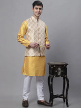 Men's Mustard Embroidered Kurta Pyjama With Floral Printed Nehru Jacket