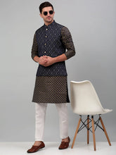 Men's Woven Design Nehru Jacket with Printed Kurta Pyjama Sets