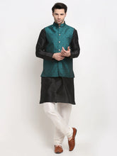 Men's Black Jet Dupion Silk Kurta with Churidar & Nehru Jacket