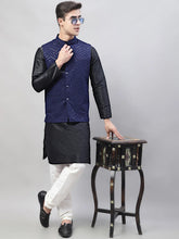 Men Black Solid Kurta Pyjama with Navy Blue Embroidered Nehru Jacket