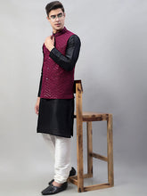 Men Black Solid Kurta Pyjama with Purple Embroidered Nehru Jacket