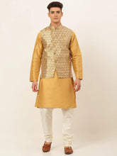 Men's Solid Kurta Pyjama With Nehru Jacket ( JOKPWC DG-D 4048Golden )-JOKPWC-DG-D-4048