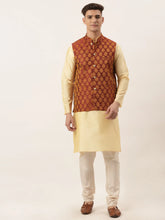 Men's Woven Design Nehru Jacket and Kurta Pyjama Set ( JOKPWC G-D 4026Maroon )-JOKPWC-G-D-4026