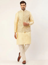 Men's Solid Kurta Pyjama With Cream Embroidered Nehru Jacket( JOKPWC G-D 4038Cream )