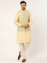 Men's Solid Kurta Pyjama With Pista Green Embroidered Nehru Jacket( JOKPWC G-D 4038Pista )