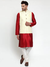Men's Solid Dupion Kurta Pajama with Embroidered Nehru Jacket