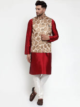 Men's Solid Dupion Kurta Pajama with Printed Nehru Jacket