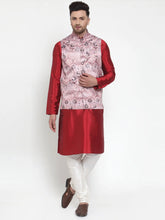 Men's Solid Fine Dupion Kurta Pajama with Printed Nehru Jacket