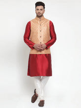 Men's Solid Dupion Kurta Pajama with Embroidered lock Nehru Jacket