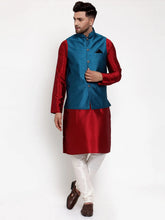 Men's Solid Neon Dupion Kurta Pajama with Woven Nehru Jacket