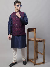 Men Navy Blue Solid Kurta Pyjama with Maroon Woven Design Nehru Jacket