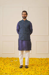 Men Navy Blue and Green Woven Design Waistcoats-JOWC-4072