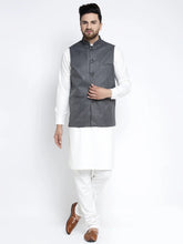Men's Solid White Cotton Kurta Payjama with Solid Charcoal Waistcoat