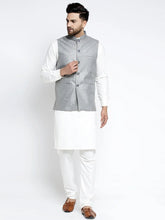 Men's Solid White Cotton Kurta Payjama with Solid Grey Waistcoat