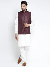Men's Solid White Cotton Kurta Payjama with Solid Maroon Waistcoat
