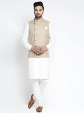 Men's Solid White Cotton Kurta with Geometric Waistcoat