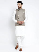 Men's Solid White Cotton Kurta Payjama with Geometric Waistcoat