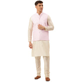 Men's Woven Design Nehru Jacket and Kurta Pyjama Set ( JOKPWC W-D 4029Pink )-JOKPWC-W-D-4029