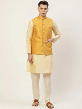 Men's Solid Kurta Pyjama With Floral Mustard Printed Nehru Jacket( JOKPWC G-D 4032Mustard )