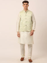 Men's Solid Kurta Pyjama With Pista Green Floral Embroidered Nehru Jacket( JOKPWC W-D 4035Pista )