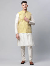 Men Dupion Silk Kurta Pyjama With Lemon Printed Nehru Jacket( JOKPWC W-D 4039Lemon )