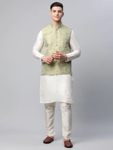 Men Dupion Silk Kurta Pyjama With Pista Green Printed Nehru Jacket( JOKPWC W-D 4039Pista )