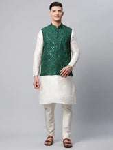 Men Dupion Silk Kurta Pyjama With Green Mirror Work Nehru Jacket( JOKPWC W-D 4040Green )