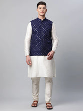 Men Dupion Silk Kurta Pyjama With Navy Mirror Work Nehru Jacket( JOKPWC W-D 4040Navy )