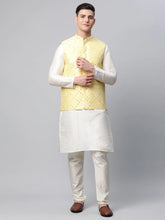 Men Dupion Silk Kurta Pyjama With Yellow Mirror Work Nehru Jacket( JOKPWC W-D 4040Yellow )