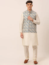 Men's Solid Kurta Pyjama With Blue Floral Embroidered Nehru Jacket( JOKPWC W-D 4042Blue )