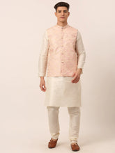 Men's Solid Kurta Pyjama With Pink Floral Embroidered Nehru Jacket( JOKPWC W-D 4042Pink )