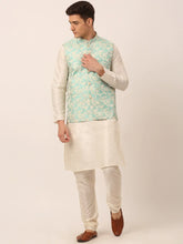 Men's Solid Kurta Pyjama With Sky Blue Floral Embroidered Nehru Jacket( JOKPWC W-D 4042Sky )