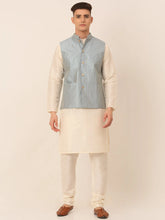 Men's Solid Kurta Pyjama With Striped Embroidered Nehru Jacket ( JOKPWC W-D 4043Blue )-JOKPWC-W-D-4043