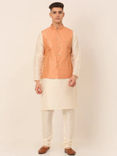 Men's Solid Kurta Pyjama With Striped Embroidered Nehru Jacket ( JOKPWC W-D 4043Peach )-JOKPWC-W-D-4043