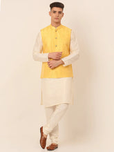 Men's Solid Dupion Silk Kurta Pyjama With Embroidered Nehru Jacket ( JOKPWC W-D 4044Yellow )-JOKPWC-W-D-4044