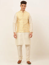 Men's Solid Kurta Pyjama With Nehru Jacket ( JOKPWC W-D 4047Yellow )-JOKPWC-W-D-4047