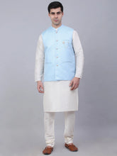 Men's Solid Kurta Pyjama With Woven Design Nehru Jacket ( JOKPWC W-D 4066Blue )-JOKPWC-W-D-4066