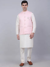 Men's Solid Kurta Pyjama With Woven Design Nehru Jacket ( JOKPWC W-D 4066Pink )-JOKPWC-W-D-4066